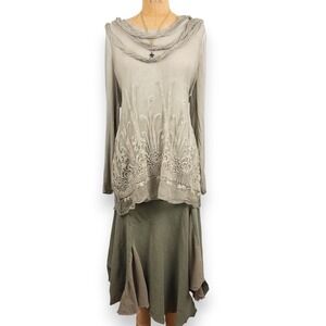 Y2K Silk Tunic Top Braided Cowl Botanical Embroidery Sequin Lagen Look Boho XL L